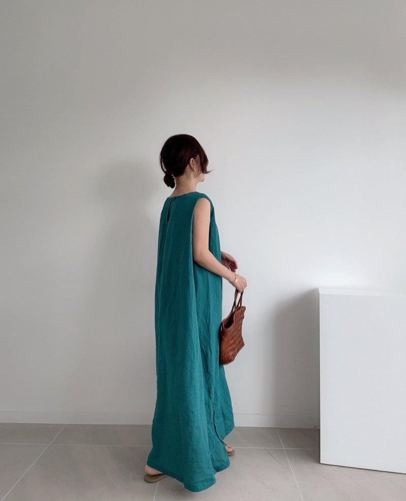 flowersverse Loose Cotton Vest Dress New Round Neck Sleeveless Long Dress Linen