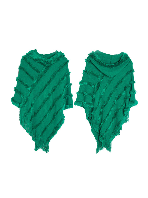 flowersverse Hooded Keep Warm Solid Color Tasseled Shawl&Cloak Cape