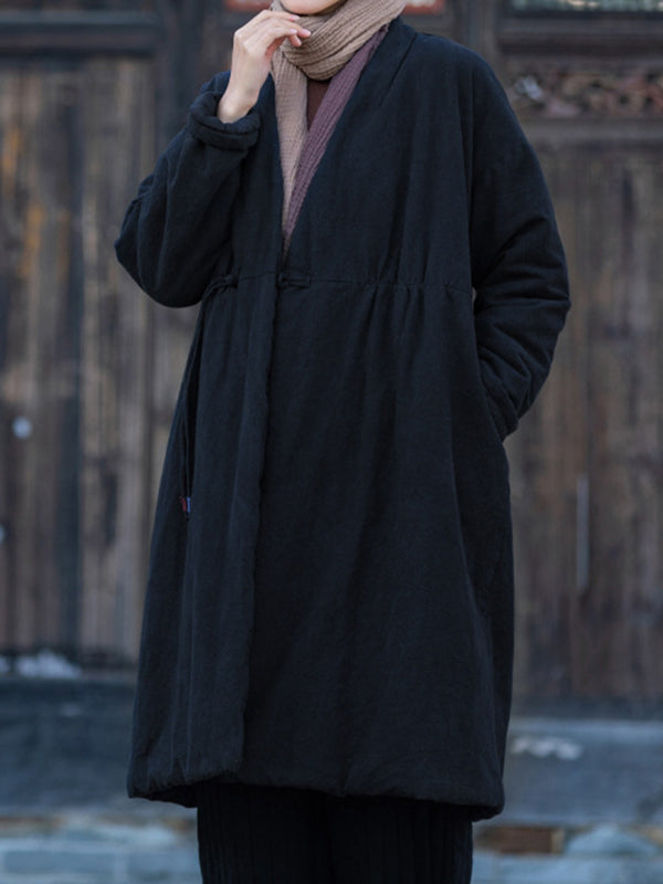 flowersverse Cotton-Padded Clothes Drawstring Quilted Solid Color Velvet Long Sleeves Loose V-Neck Padded Coat Outerwear
