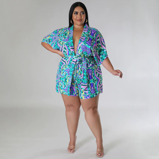 flowersverse Summer Plus Size Loose Print Blouse Lace-Up Shorts Multi-Color Two-Piece Set
