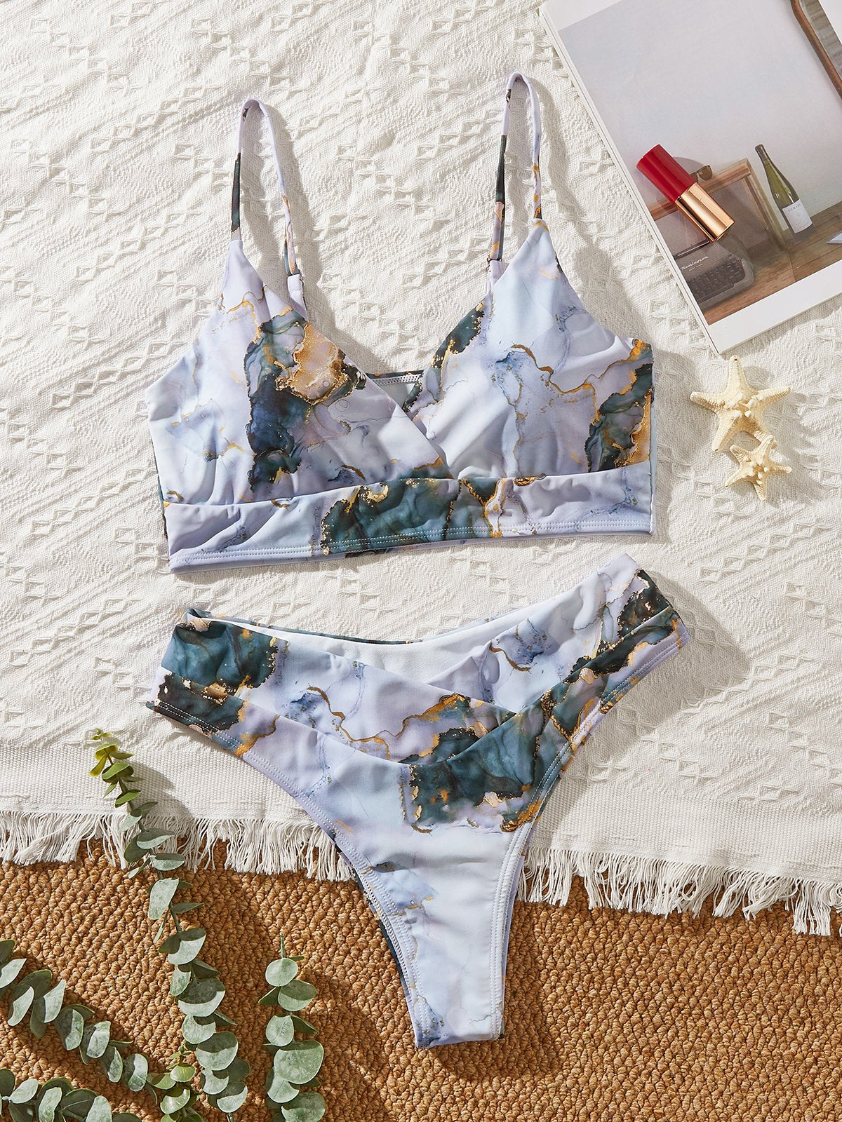 flowersverse Vacation Tie-Dye Pattern Printing V neck Bikinis Two-Piece Set