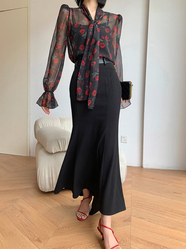 flowersverse Elasticity Flower Print Mesh Tied Flared Sleeves Long Sleeves V-Neck Blouses&Shirts Tops