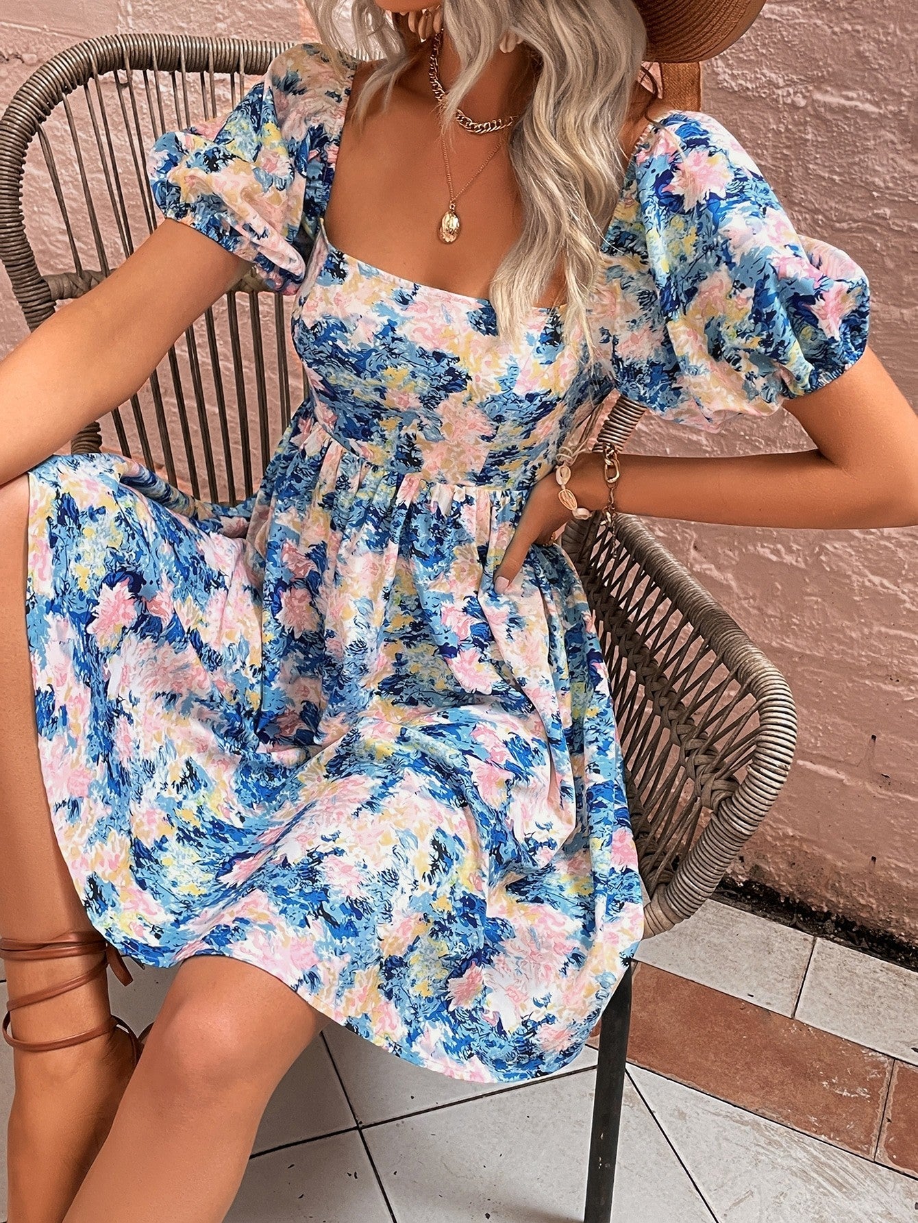 flowersverse Floral Square Neck Puff Sleeve Dress