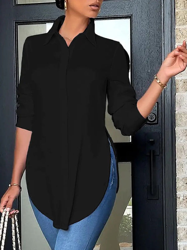 flowersverse Casual Loose Long Sleeves Split-Side Solid Color Polo Blouses&Shirts Tops