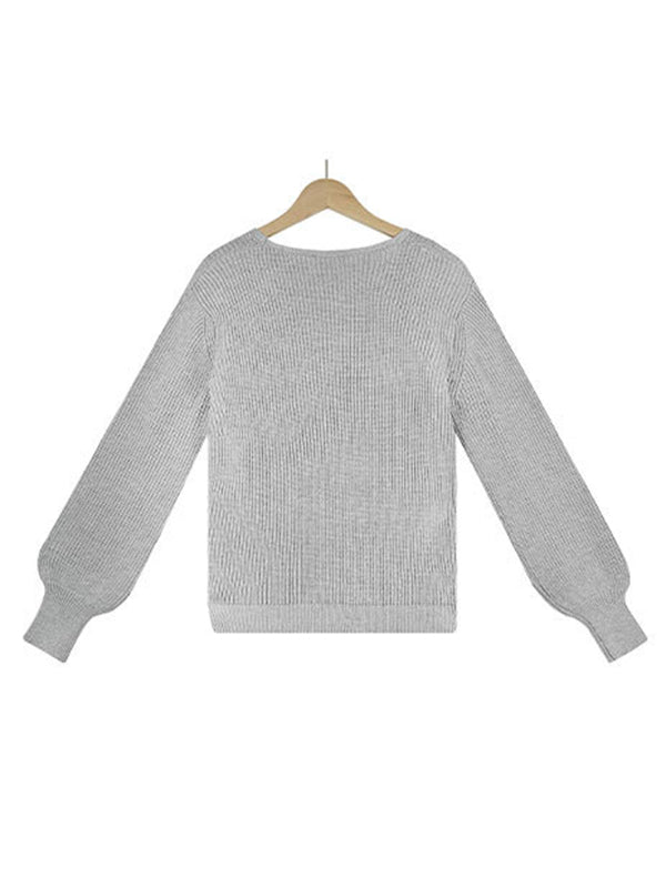 flowersverse Casual Long Sleeves Solid Color V-Neck Sweater Tops