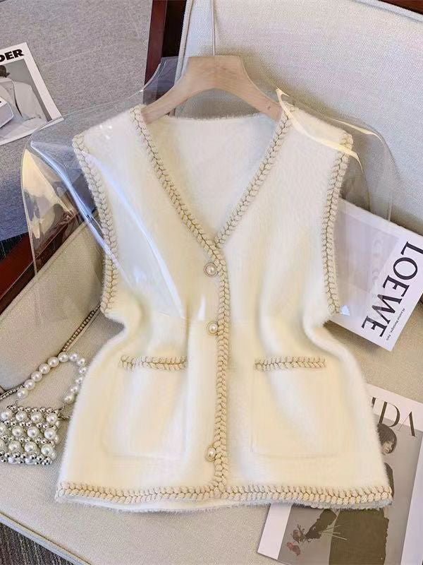 flowersverse Buttoned Loose Sleeveless V-Neck Vest Outerwear