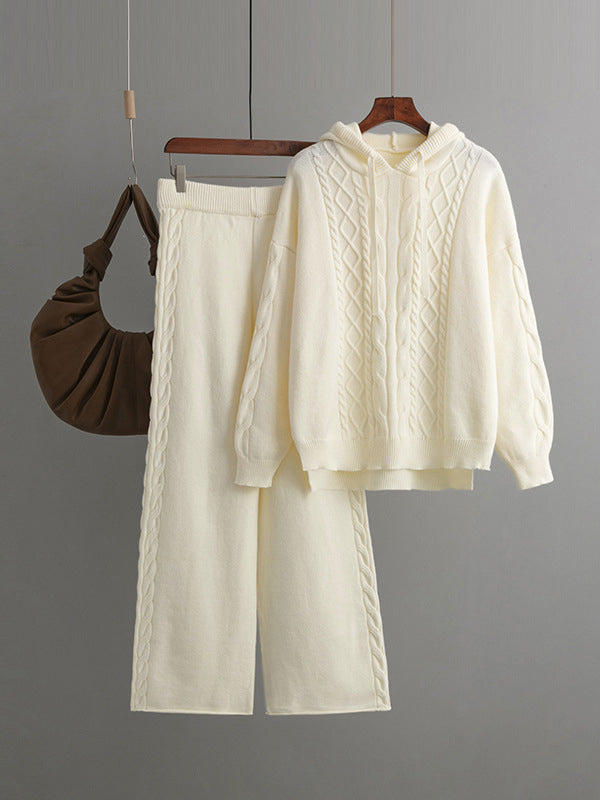 flowersverse Urban Loose Solid Color Hooded High-Low Sweater Tops & Wide Leg Pants Two Pieces Set