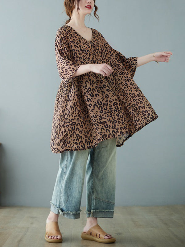 flowersverse Leopard Half Sleeves Loose V-neck T-Shirts Tops Blouses&shirts Tops