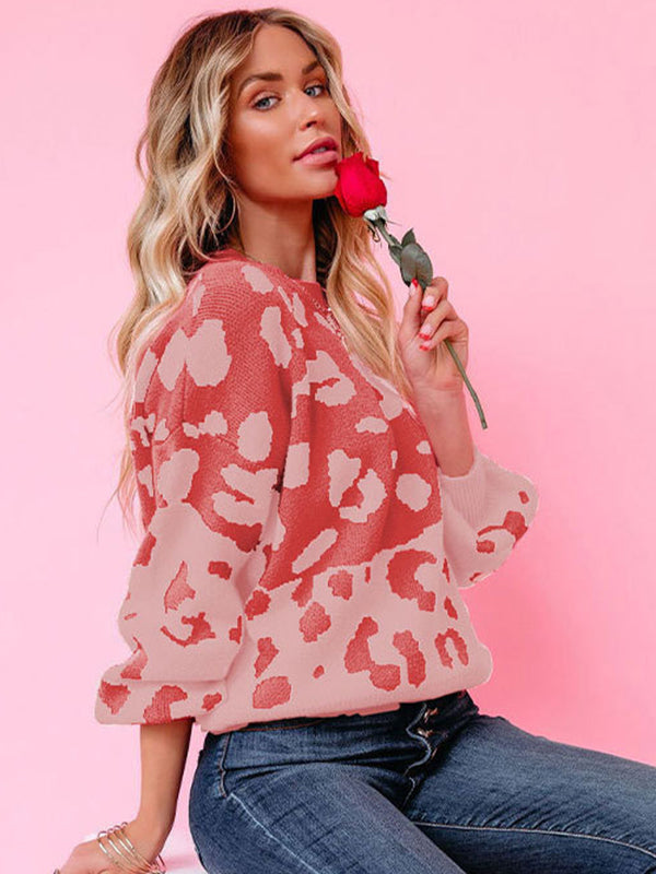 flowersverse Urban Puff Sleeves Leopard Two-Tone Round-Neck Sweater Tops