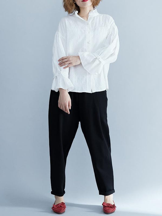 flowersverse Jacquard Falbala Puff Sleeves Blouse