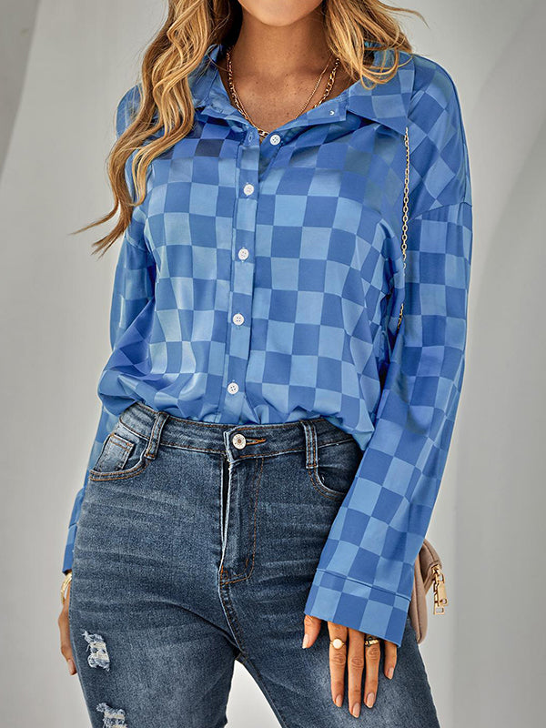 flowersverse Buttoned Plaid Long Sleeves Loose Lapel Blouses&shirts Tops