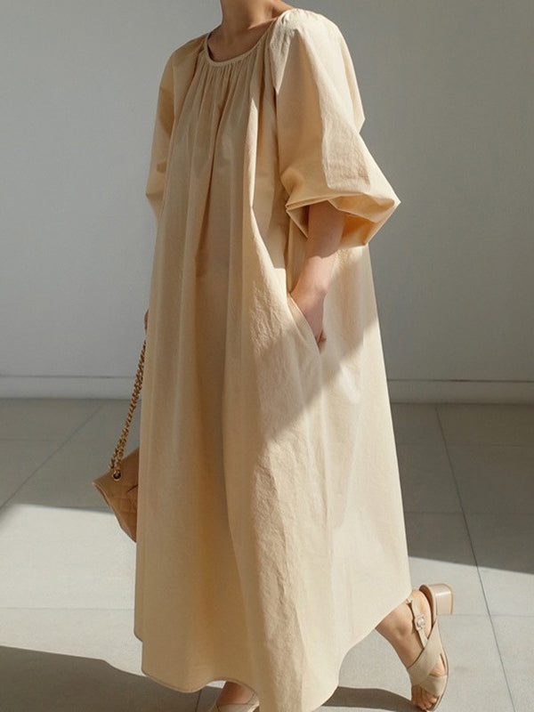 flowersverse Original Casual Loose Solid Color Pleated Puff Sleeves Midi Dress