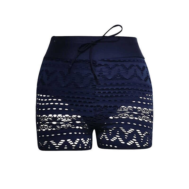 flowersverse Women's Swimwear Cover Up Swim Shorts Plus Size Swimsuit Lace Elastic Waist Pure Color Black Navy Blue Bathing Suits Sports Vacation Neutral