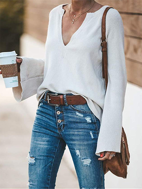 flowersverse Casual Long Sleeves Loose Solid Color V-Neck Sweater Tops