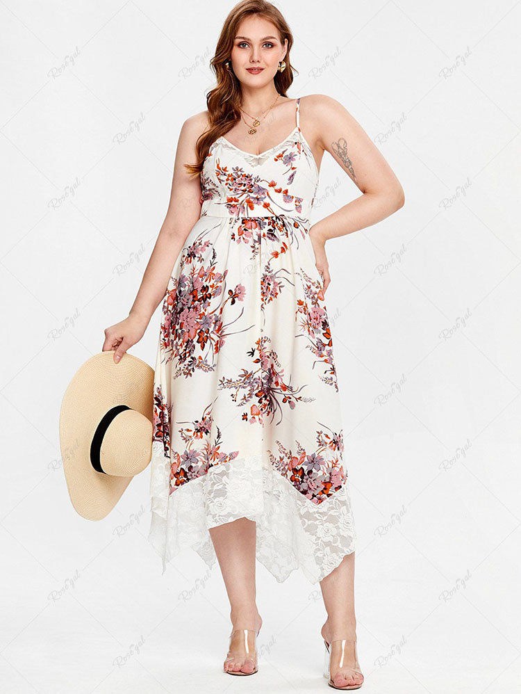 flowersverse Plus Size Lace Panel Floral Print Handkerchief Midi Sundress