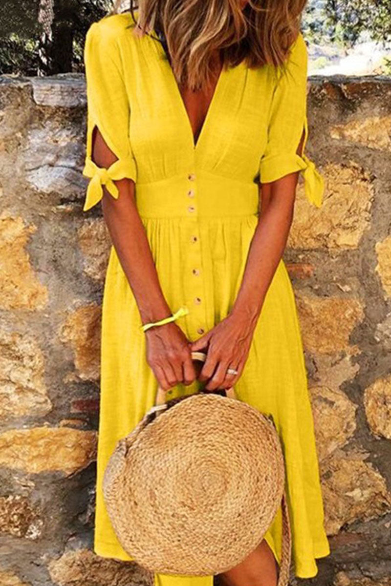 flowersverse Casual Solid V Neck A Line Midi Dresses(5 Colors)