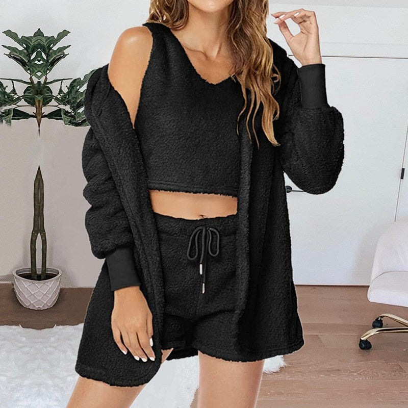 flowersverse Long Sleeve Plush Fashion Casual Three-piece Suit Jacket Vest Shorts Sports Suit