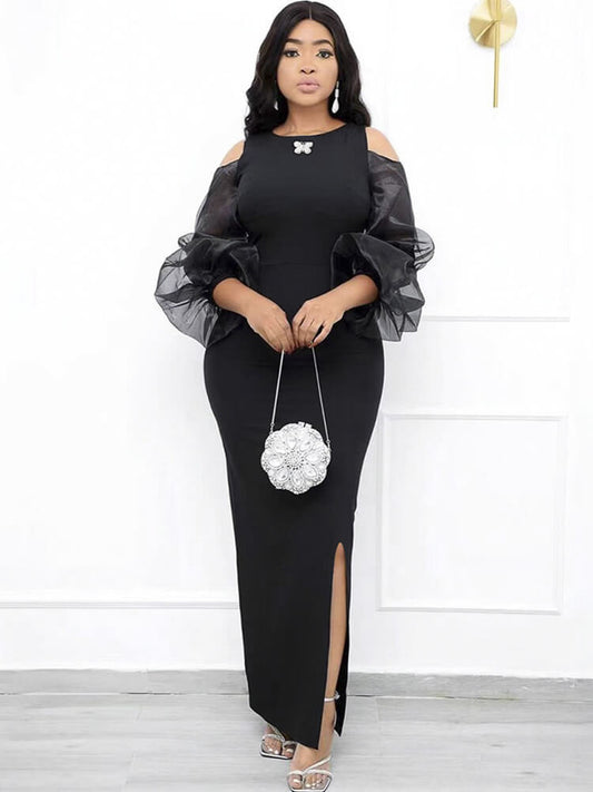 flowersverse Mesh Patchwork Lantern Sleeve Split Bodycon Maxi Dresses