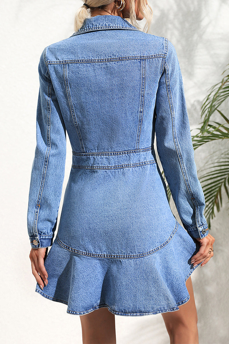 flowersverse Elegant Solid Patchwork Turndown Collar Long Sleeve Denim Dresses GJ0030