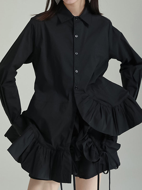 flowersverse Asymmetric Solid Color Cropped Long Sleeves Lapel Blouses&shirts Tops