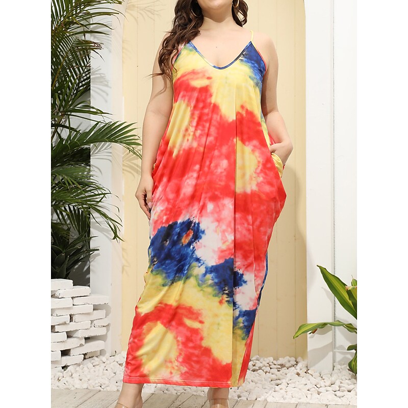 flowersverse Women's Plus Size Casual Dress Shift Dress Slip Dress Leaf Tie Dye Long Dress Maxi Dress Sleeveless Pocket Print Strap Fashion Daily Light Yellow White Spring Summer XL XXL 3XL
