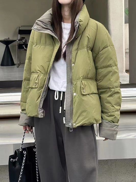 flowersverse Buttoned Contrast Color Quilted Zipper Long Sleeves Loose Stand Collar Padded Coat