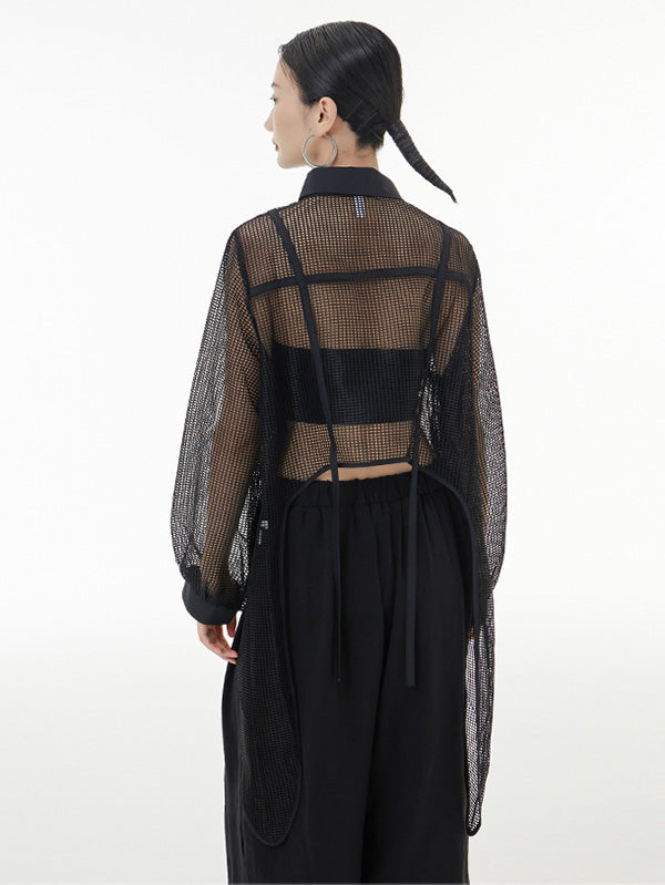 flowersverse Stylish Long Sleeves Loose Mesh See-Through Sun Protection Blouses&Shirts Tops