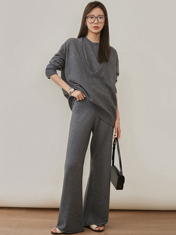 flowersverse Urban Loose Solid Round-Neck Vest Top& V-Neck Sweater Tops& Wide Leg Pants Three-Piece Set