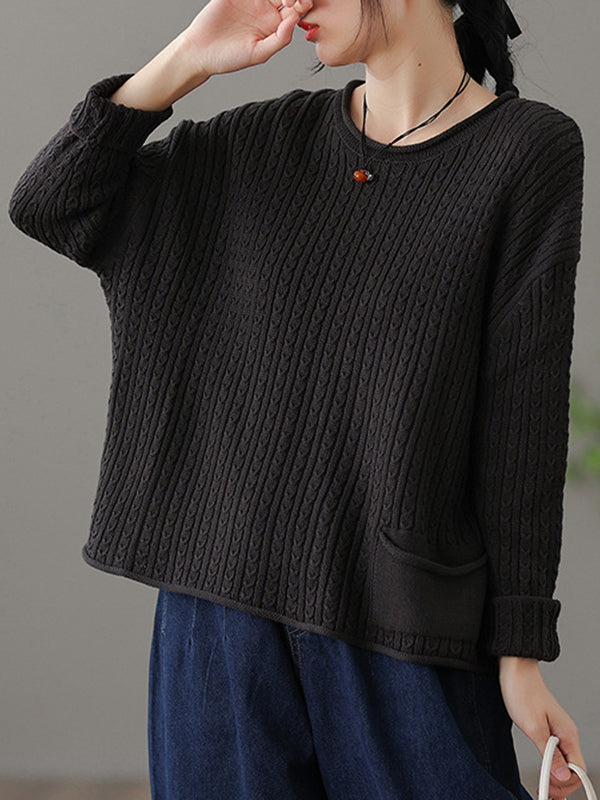 flowersverse Artistic Retro Loose Long Sleeves Jacquard Solid Color Round-Neck Sweater Tops