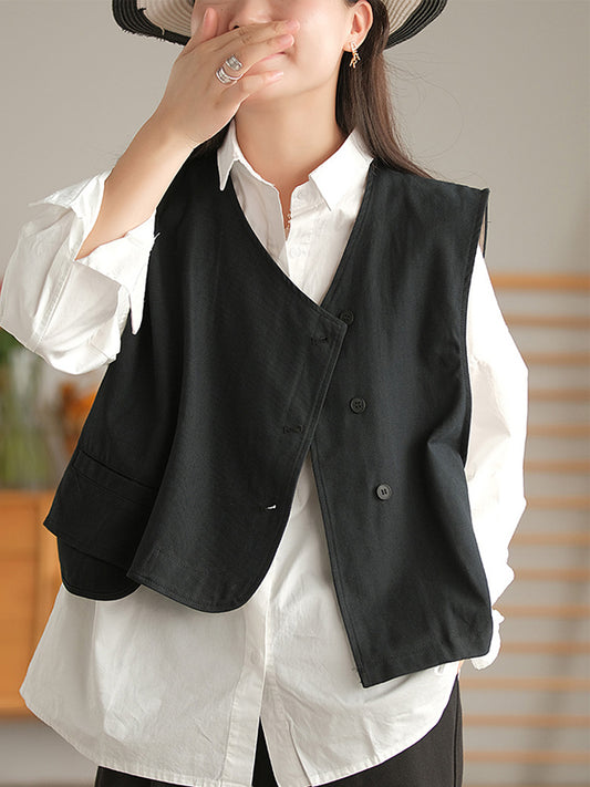 flowersverse Vintage Asymmetric Solid Color Buttoned Vest Top