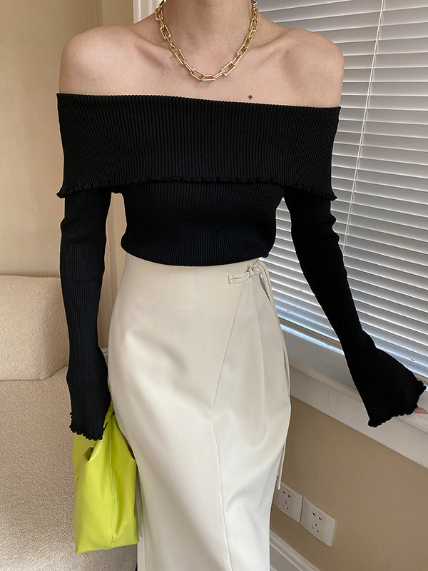 flowersverse Falbala Solid Color Long Sleeves Skinny Off-the-shoulder Sweater Tops