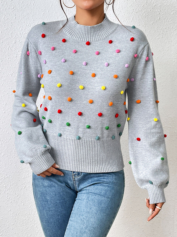 flowersverse Pompom Triming Long Sleeves Loose Round-Neck Sweater Tops Pullovers Knitwear