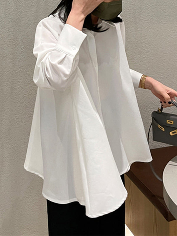 flowersverse Buttoned Solid Color Long Sleeves Loose Lapel Blouses&Shirts Tops
