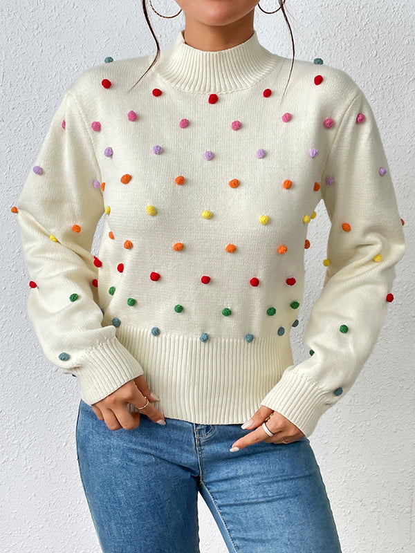 flowersverse Pompom Triming Long Sleeves Loose Round-Neck Sweater Tops Pullovers Knitwear