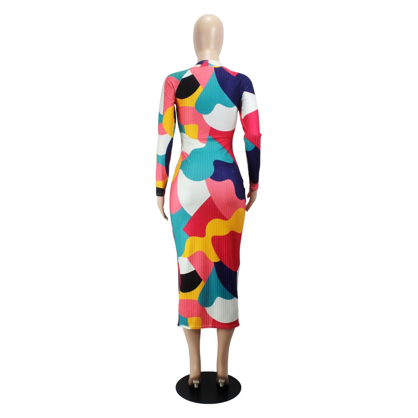 flowersverse Women's Multi-Color Ribbed Long Sleeves Midi Bodycon Dress