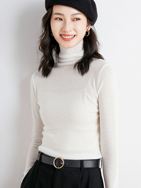 flowersverse Simple Skinny Long Sleeves Solid Color High-Neck Sweater Tops Pullovers