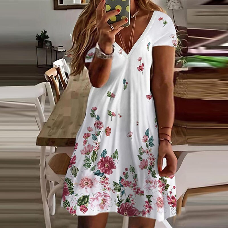 flowersverse Women's Plus Size Curve A Line Dress Floral V Neck Short Sleeve Spring Summer Casual Short Mini Dress Causal Daily Dress