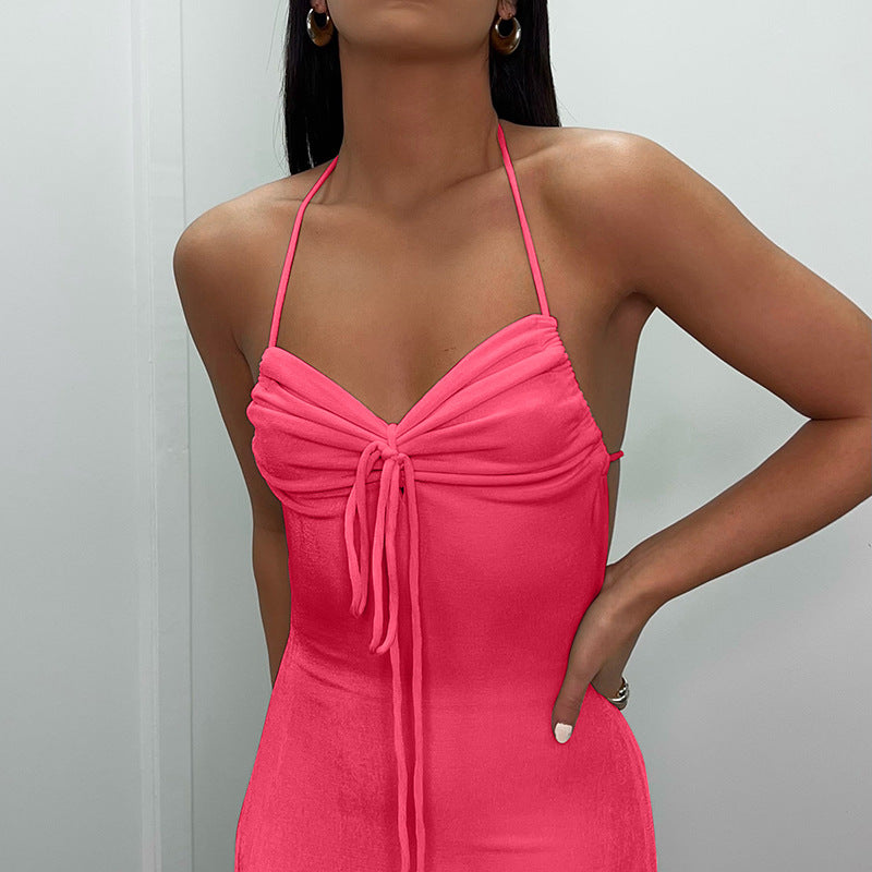 flowersverse Summer Ladies Long Dress Solid Color Sexy Low Back Straps Halter Bodycon Dress