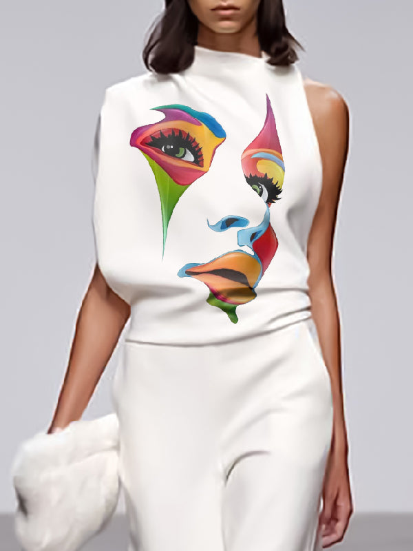 flowersverse Asymmetric Figure Printed Mock Neck Blouses&Shirts Tops