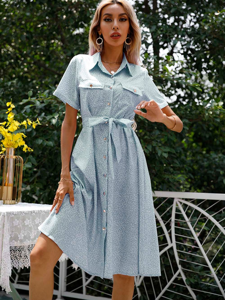 flowersverse Summer Print Bandage Dress For Women Short Sleeve Turn Down Collar Ladies Casual Button Knee Length Floral Dress