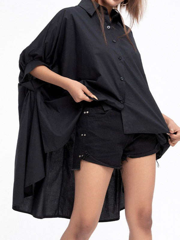 flowersverse Solid Color Batwing Sleeves High-Low Lapel Blouses&Shirts Tops