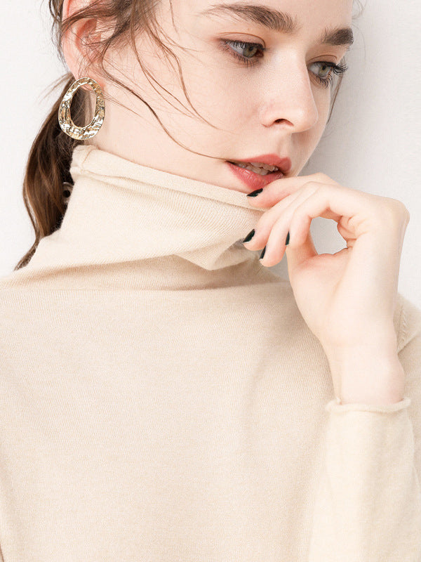 flowersverse Casual Skinny Long Sleeves Solid Color Heaps Collar Sweater Tops Pullovers