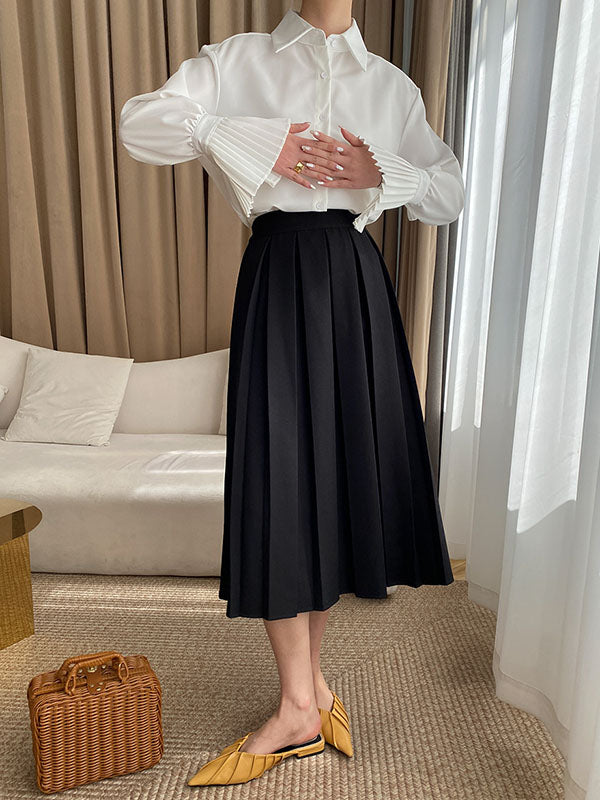 flowersverse Solid Color Flared Sleeves Lapel Blouses&Shirts Tops
