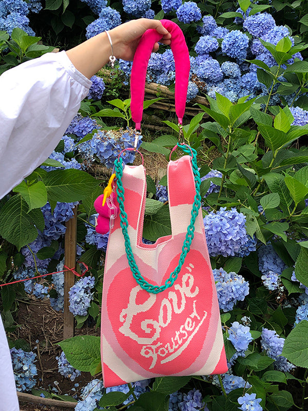 flowersverse Chains Contrast Color Heart Print Woven Handbags Bags