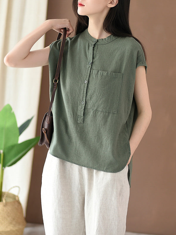 flowersverse Solid Color Cap Sleeve High-Low Stand Collar Blouses&Shirts Tops