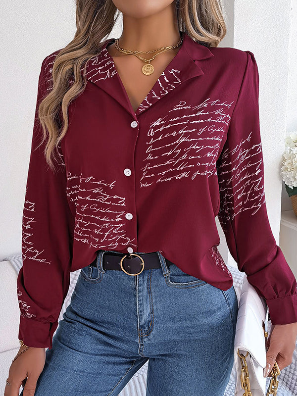 flowersverse Buttoned Letter Print Long Sleeves Loose Notched Collar Blouses&Shirts Tops