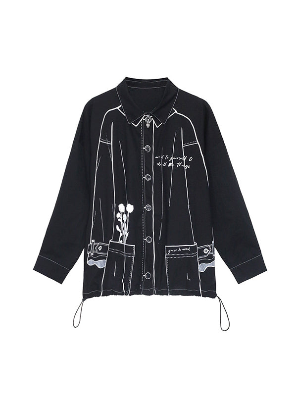 flowersverse Casual Contrast Color Printed Drawstring Blouse Top