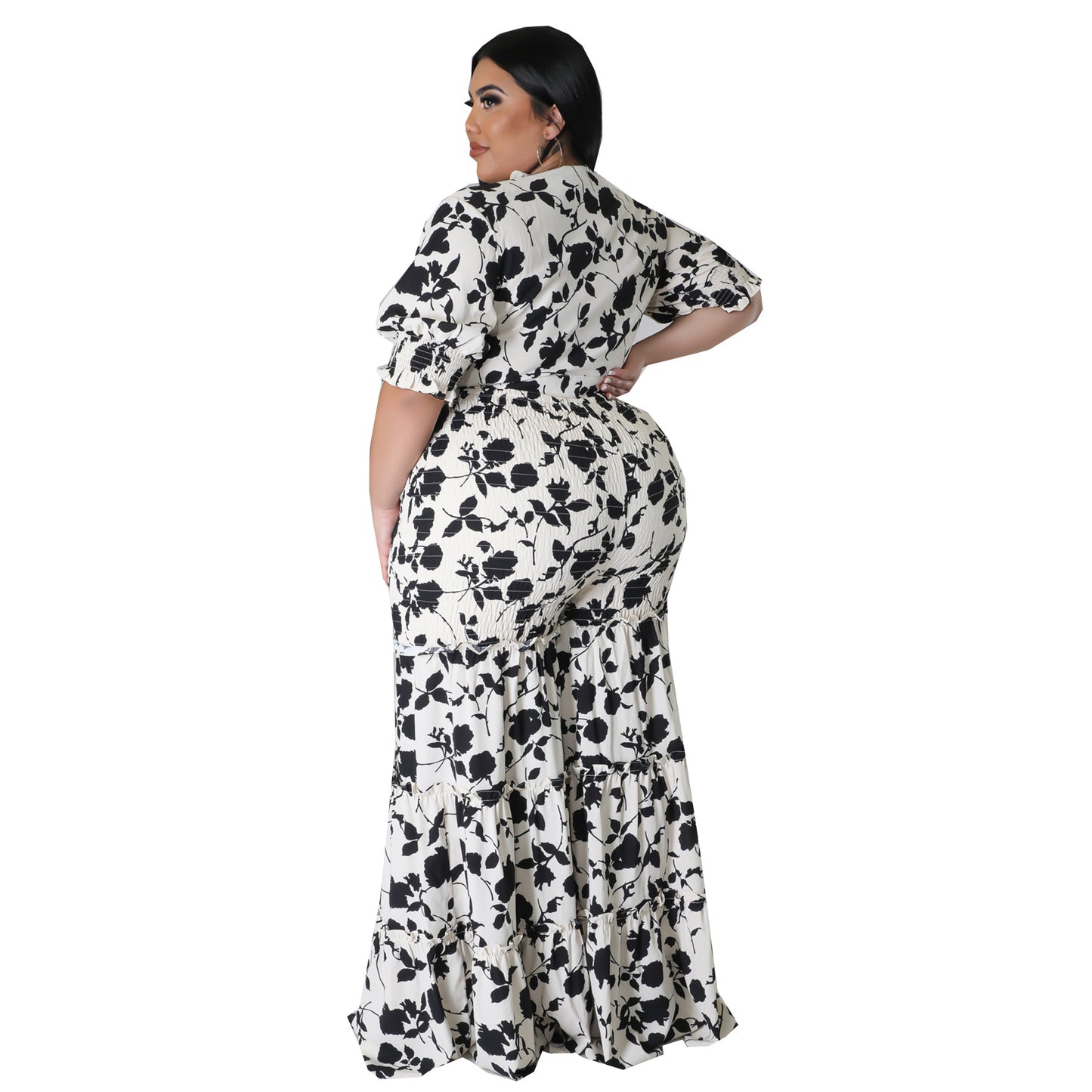 flowersverse Women's Lace-Up Printed Two-Piece Suit Wide Leg Pants Plus Size