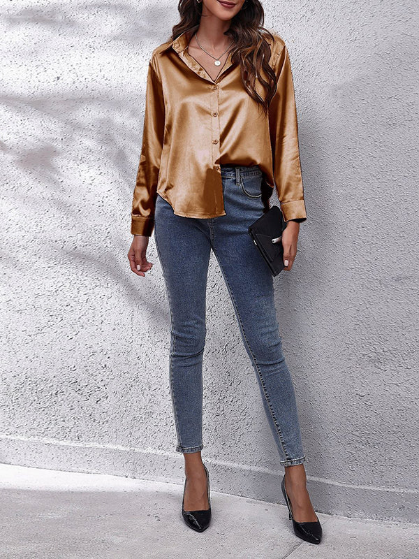 flowersverse Solid Color Long Sleeves Loose Lapel Blouses&Shirts Tops