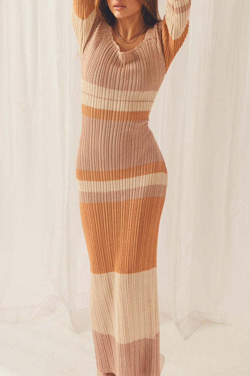 flowersverse Sexy Casual Color Block Contrast Spaghetti Strap Long Sleeve Dresses